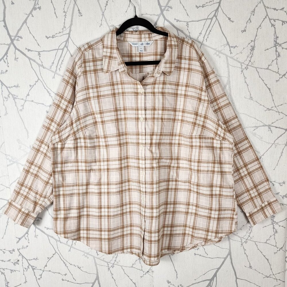 Old Navy Beige White Plaid 100% Cotton Button Front Classic Shirt